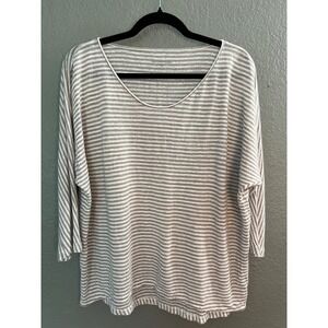 Eileen Fisher Sz M Beachy Linen Top Stripe‎ Beige Costal Grandma Dolman Sleeve